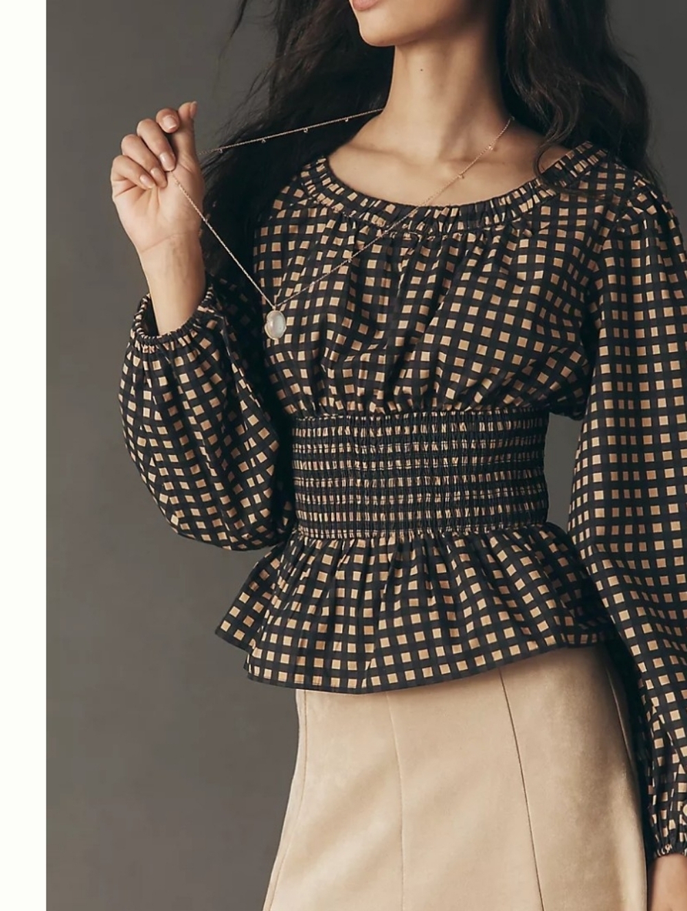 Smocked Peplum Blouse in Black and Tan